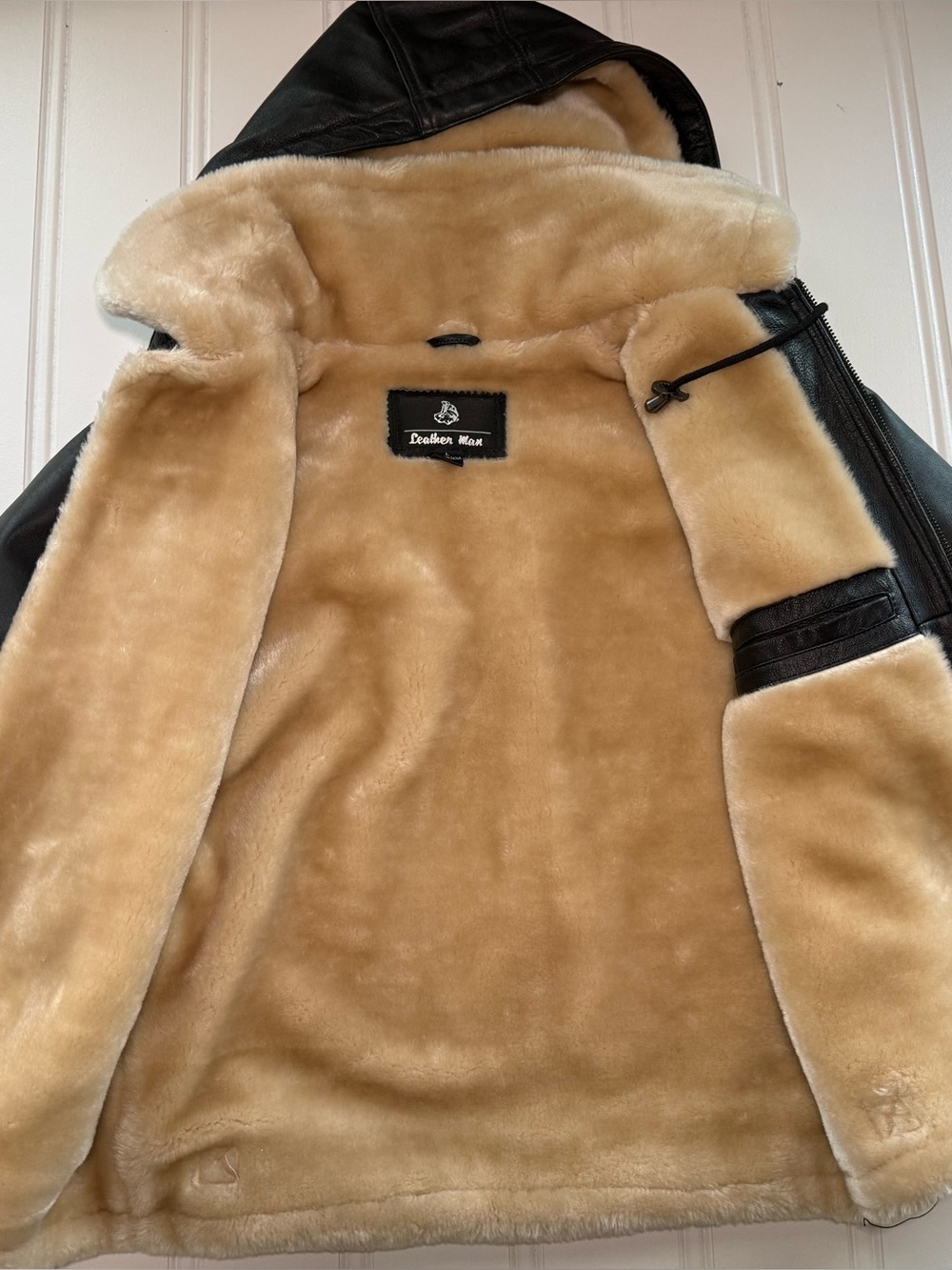 Leather Man Fleece Fur Liner Bomber Jacket Women Large Black Hooded - Picture 3 of 5